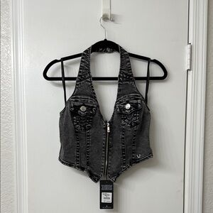 True Religion Black Denim Halter Vest